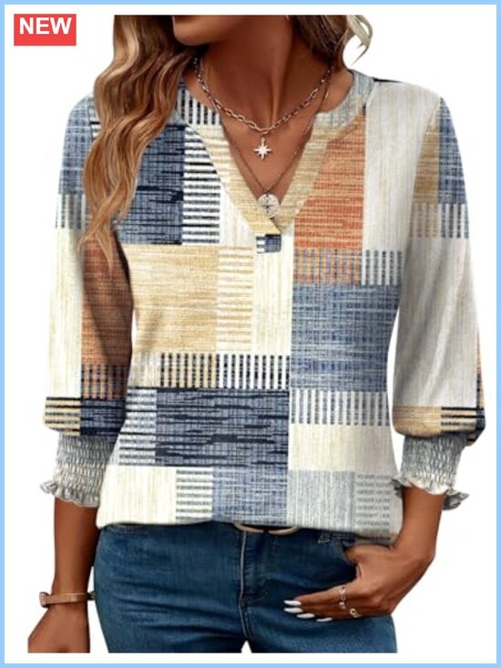 Tops - Women's 3/4 Sleeve V-Neck Ruffle Cuff Blouse Business Casual Top